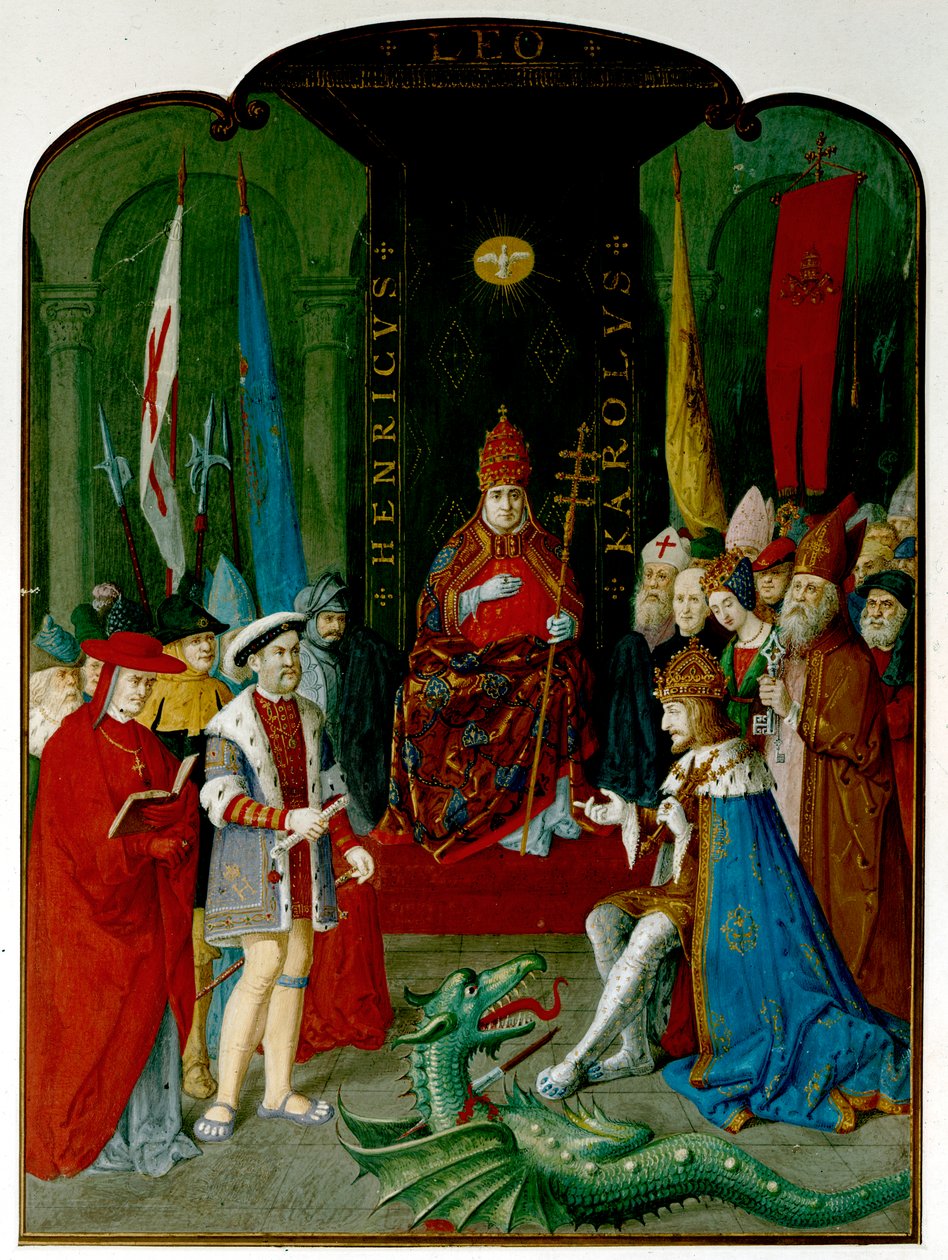 Kuningas Henrik VIII kiistassa keisari Kaarle V:n kanssa ennen paavi Leo X:tä. Henrik pitää kädessään rullaa, joka saattaa olla vuoden 1521 bulla, joka myönsi hänelle tittelin "Uskon puolustaja" (muste ja akvarelli paperille) tekijältä Italian School