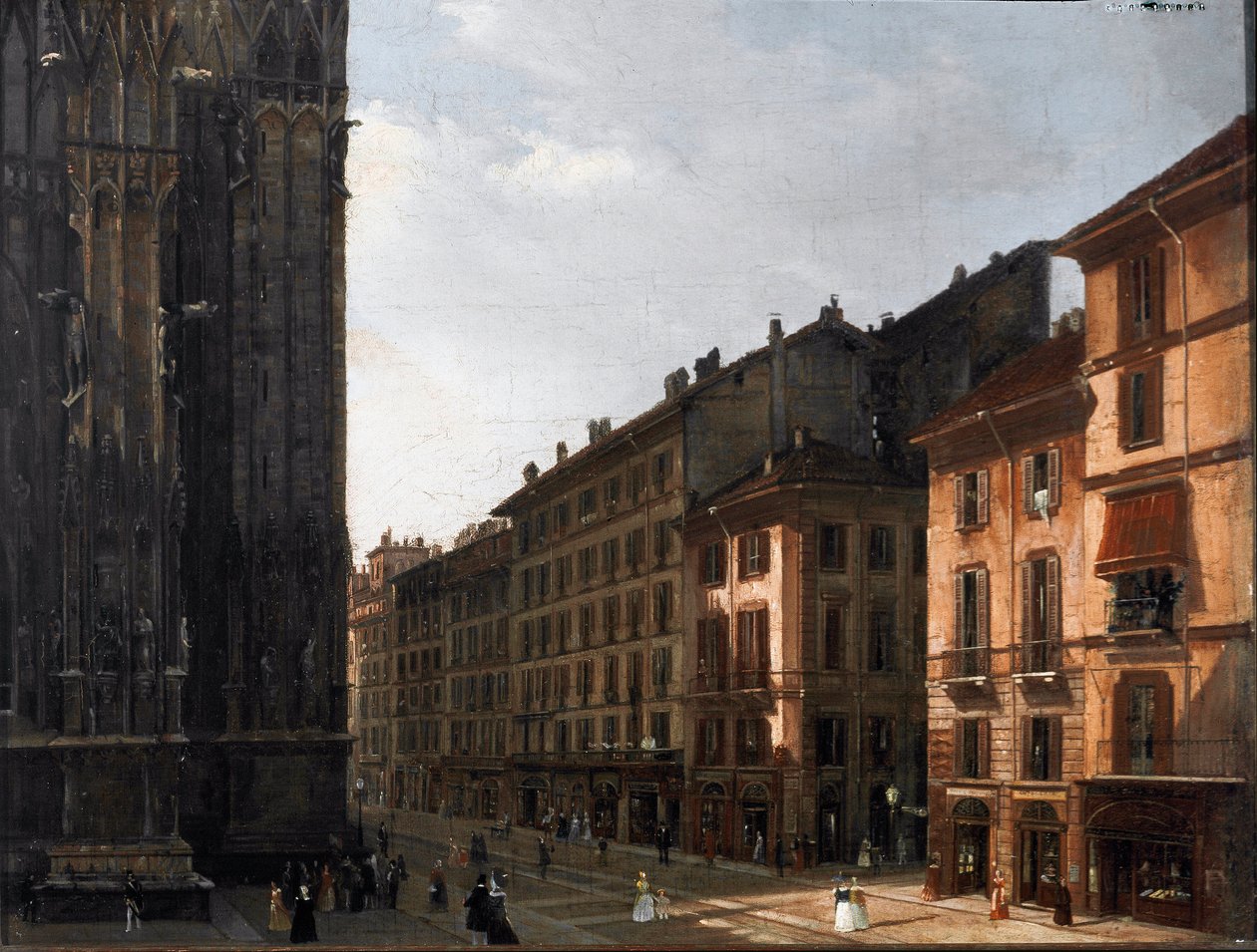 Milanon tuomiokirkon käytävä (Piazza del Duomo) - Nimetön maalaus - Öljy puulle - 1840 Museo Civico di Milano, Palazzo Morando tekijältä Italian School