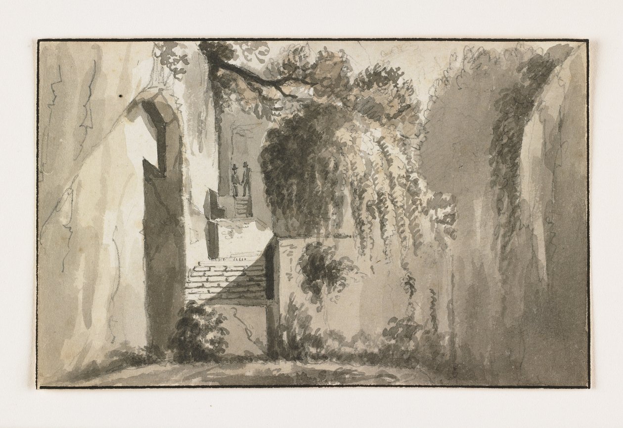 Maisema raunioilla, 1800-luvun alku (kynä ja ruskea muste liidun päällä) tekijältä Italian School