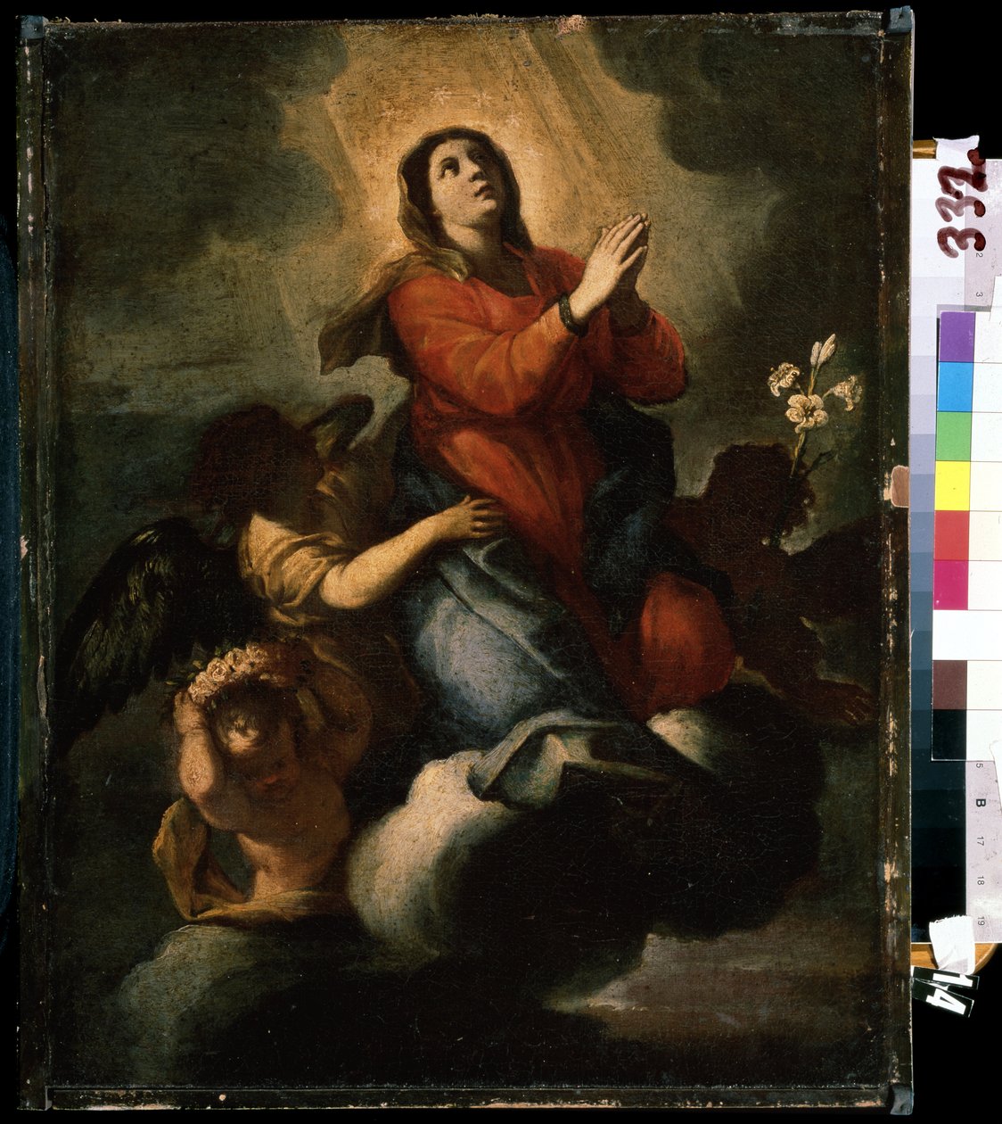 "Siunatun Neitsyt Marian taivaaseenastuminen" (Siunatun Neitsyt Marian taivaaseenastuminen) 1600-luvun italialainen koulumaalaus Mikhail Kroshitskyn taidemuseo, Sevastopol (Sevastopol) Ukraina tekijältä Italian School