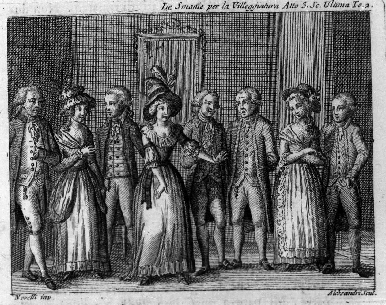 Carlo Goldonin (1707-1793) sarjakuvan "" Le smania per la villeggiatura" (Kaupunki) (1761) III näytöksen viimeinen kohtaus. Kaiverrus 1700-luvulta tekijältä Italian School