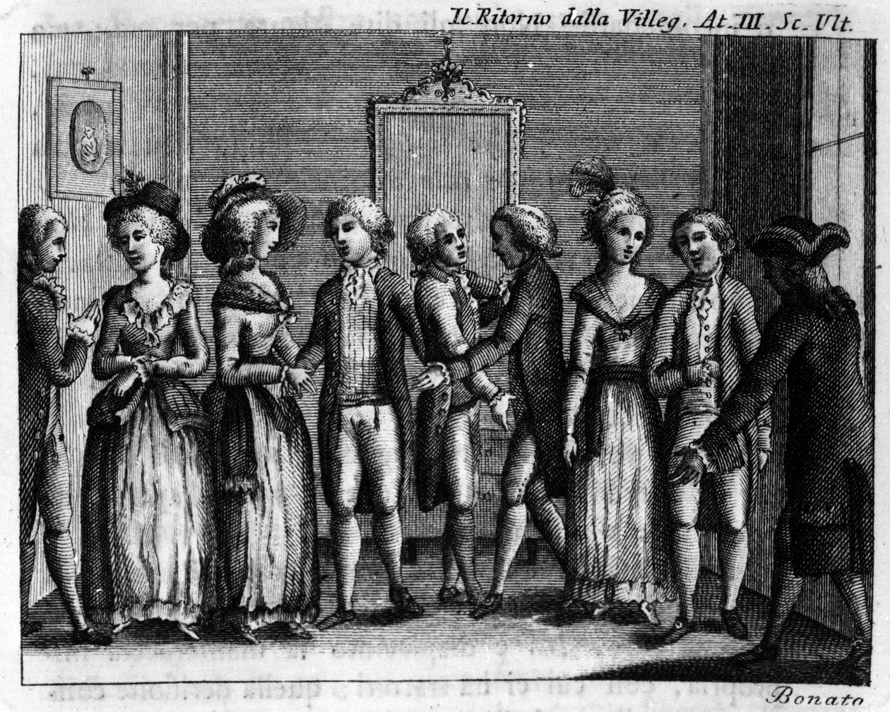 Carlo Goldonin (1707-1793) sarjakuvan "" Ritorno della villeggiatura" (Kaupungin paluu) (1761) III näytöksen viimeinen kohtaus. Kaiverrus 1700-luvulta. tekijältä Italian School