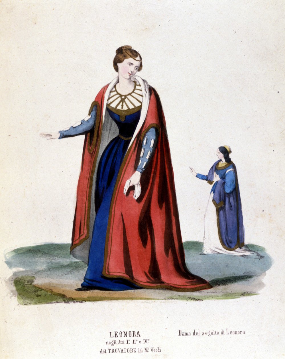 Leonoran puku Giuseppe Verdin (1854) ensimmäiseen Trouvèren (Trovatore) esitykseen, biblioteca de la scala de Milan tekijältä Italian School