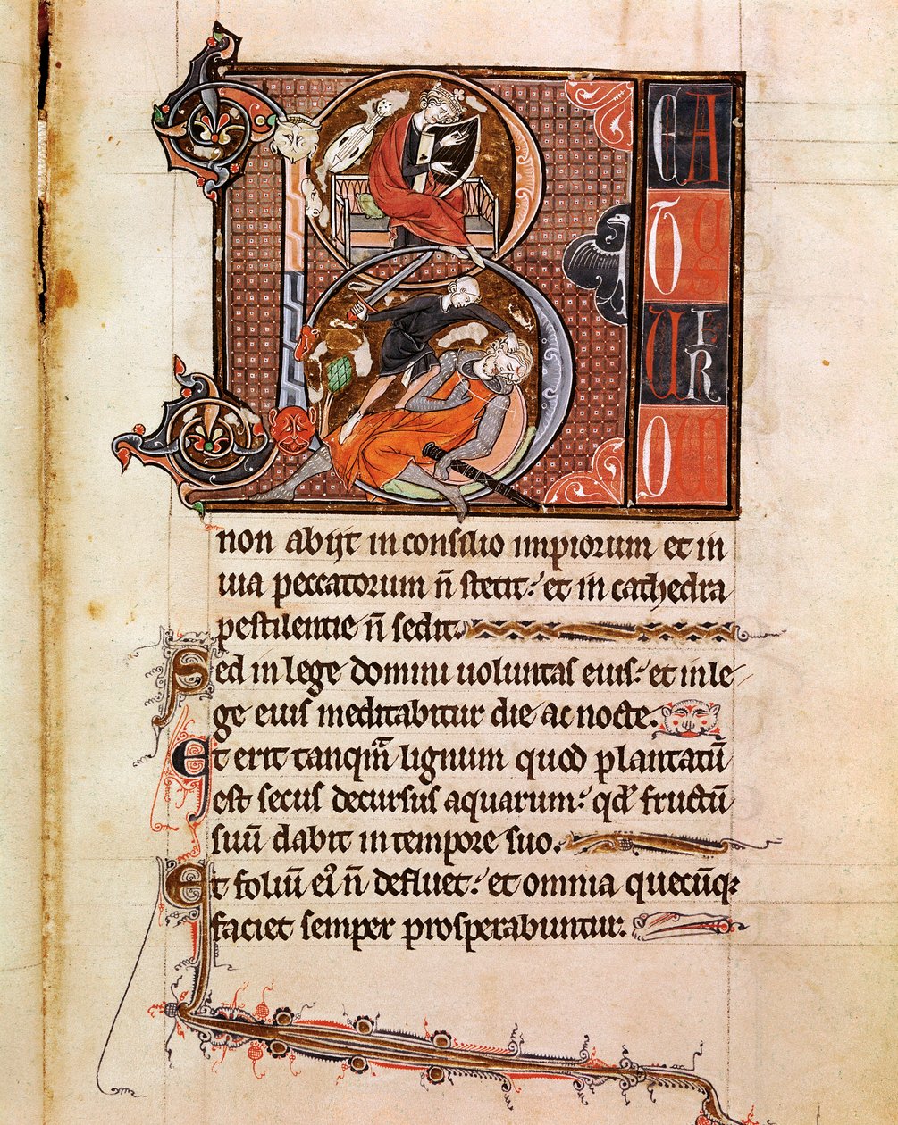 Lettrine B decoree esityksestä kuningas Daavidista, joka soittaa pslaterionia ja joka kattaa Goljat-sivun käsikirjoituksesta "" Psalterium Cum Calendario"" 1200-luvun Padova, seminaarin biblioteekki tekijältä Italian School