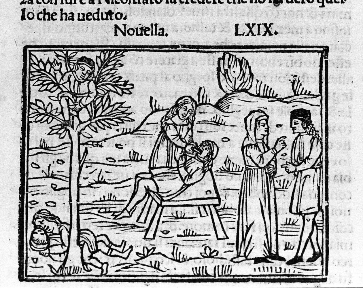Lidia, aviorikos vaimo, yllättyy miehensä Pirron syliin. Kuva italialaisen kirjailijan Giovanni Boccaccio dit Jean Boccaccion (1313-1375) "Dekameronin" uutisille 69 (7. päivän uusi 9.). Kaiverrus "" Decamerone ouer Cento no tekijältä Italian School