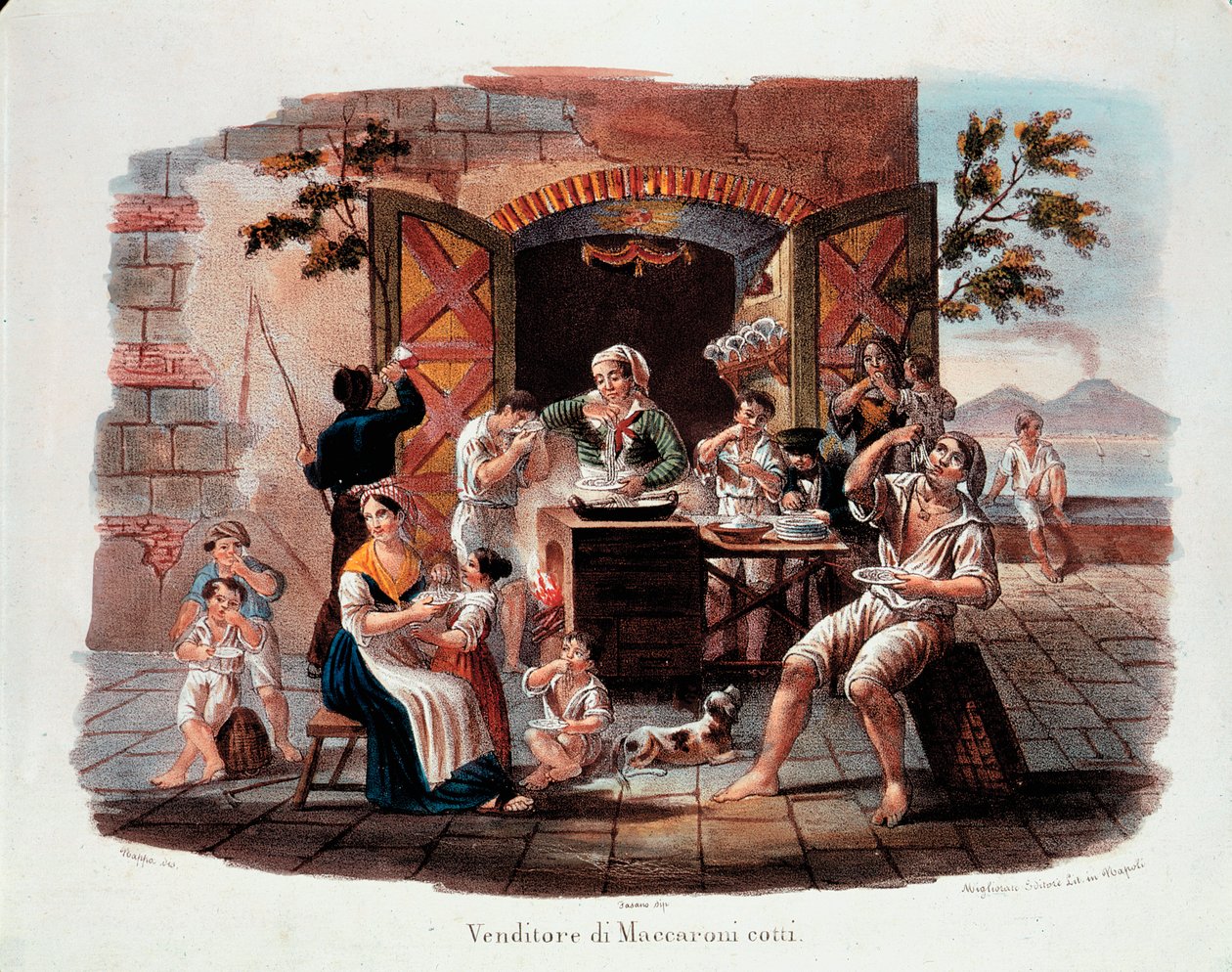 Pikku napolilainen: keitettyjen makaronien myyjä. Kaukana vesuve Napolinlahdella. 1800-luvun litografia. Kansallinen pastamuseo, Agnesi-säätiö, Rooma tekijältä Italian School