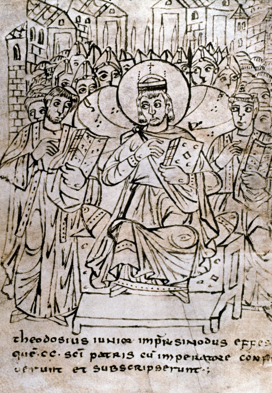 Lombard-taide: "" Keisari Theodosius II (401-450), Theodosius I:n pojanpoika, Efesoksen kirkolliskokouksessa 22.6.431, tuomitsi nestorianisuuden (patriarkka Nestoriuksen tai Nestorioksen)"" Piirustus kynällä pergamentille kanonisten oikeuksien sopimus. 9t tekijältä Italian School
