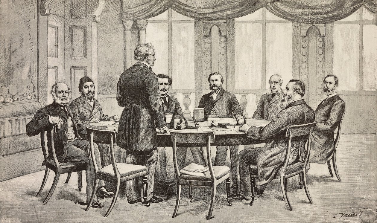 Lontoon Egypti-konferenssi, Yhdistynyt kuningaskunta: kreivi Munster, Musurus Pasha, Granville (seisomassa), kreivi Nigra, Waddington, De Staal, Childers, kreivi Karolyi, kaiverrus Edoardo Ximenesin piirroksesta, L