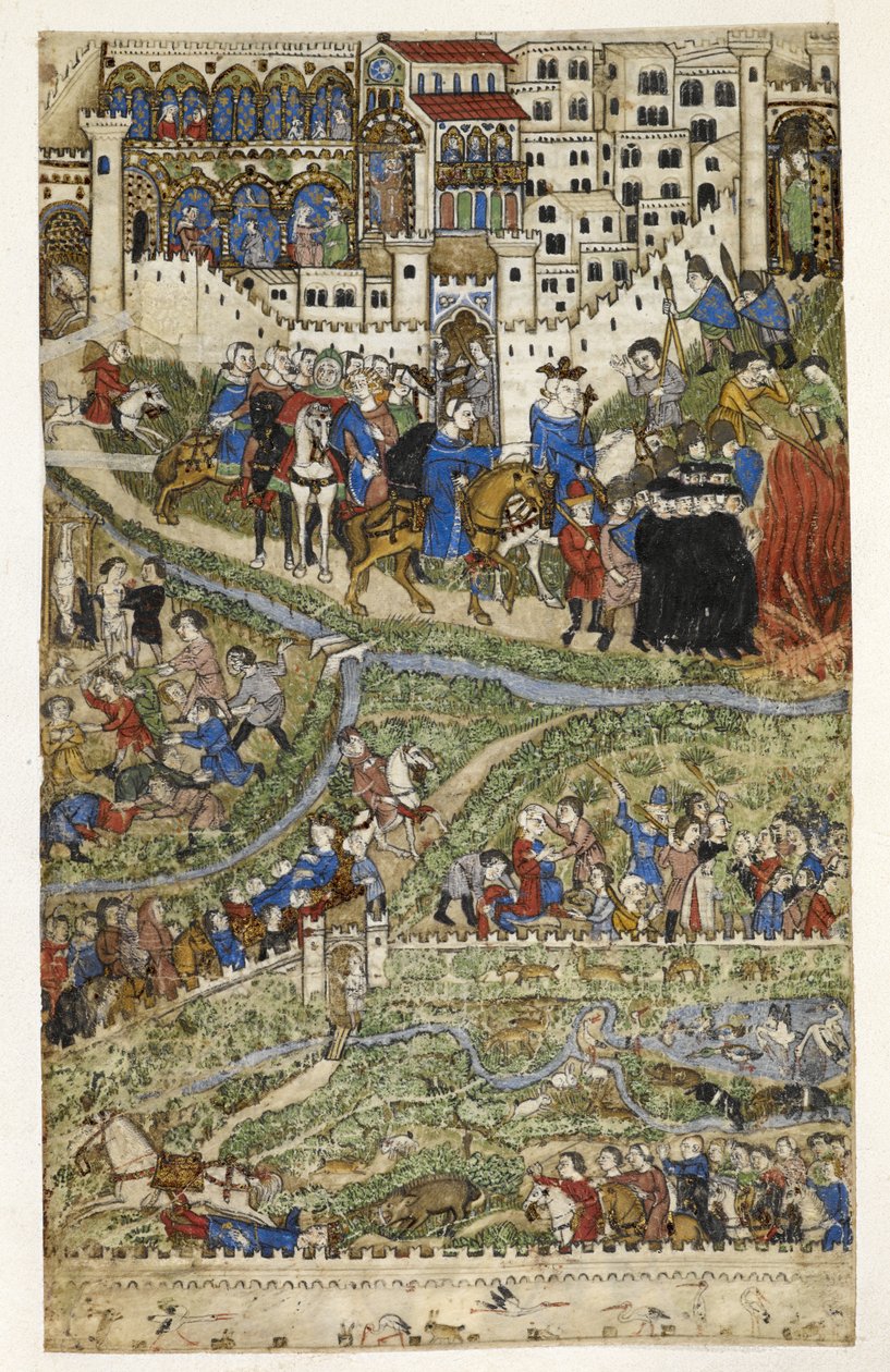MS Add.27695 fol.6v Temppeliherrojen tuhoaminen ja Ranskan kuninkaan Philip IV:n (1268-1314) kuolema, esimerkki Genovalaisen Cocharellin "Paheiden tutkielmasta", 1300-luvun loppu (vellum) tekijältä Italian School