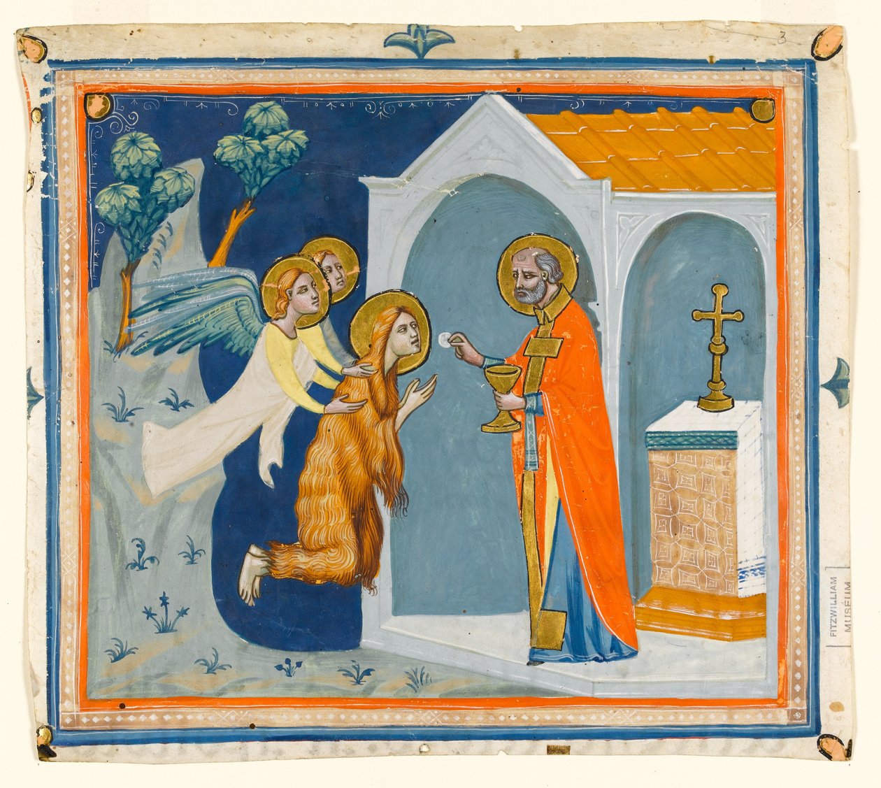 MS McClean folio 201.4 r St. Maria Magdalene, erämaassa Aixin ympärillä, enkelit kuljettamana St. Maximinille, joka toimittaa viimeisen ehtoollisen, n. 1330 tekijältä Italian School