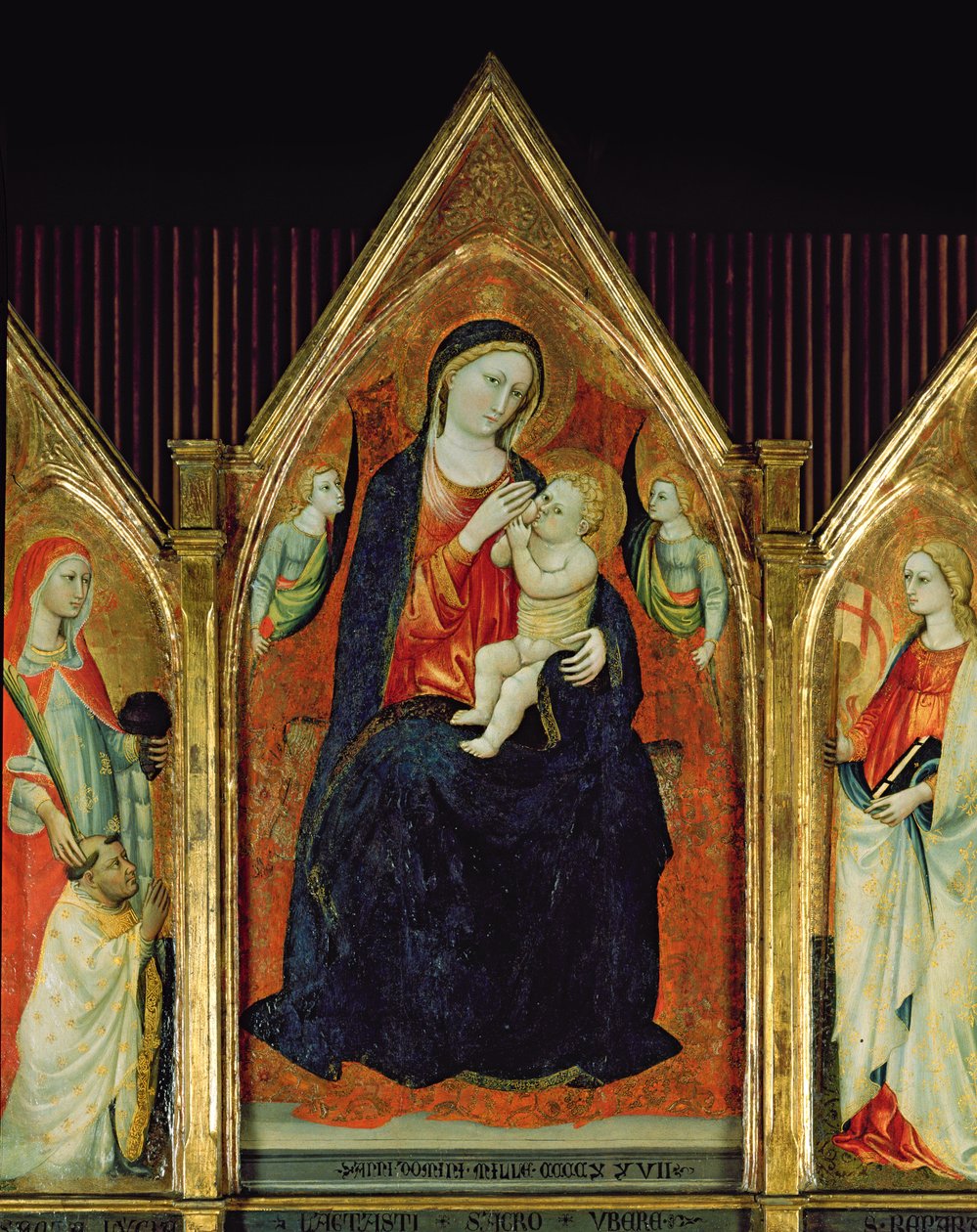 Madonna imettää Kristus-lapsia pyhien kanssa (tempera puulla) (254064:n yksityiskohta) tekijältä Italian School
