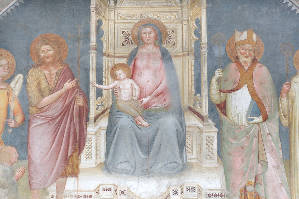 Madonna ja lapsi, enkeli Gabriel, pyhä Johannes Kastaja, pyhä Ambroseus, pyhä Bernard tekijältä Italian School