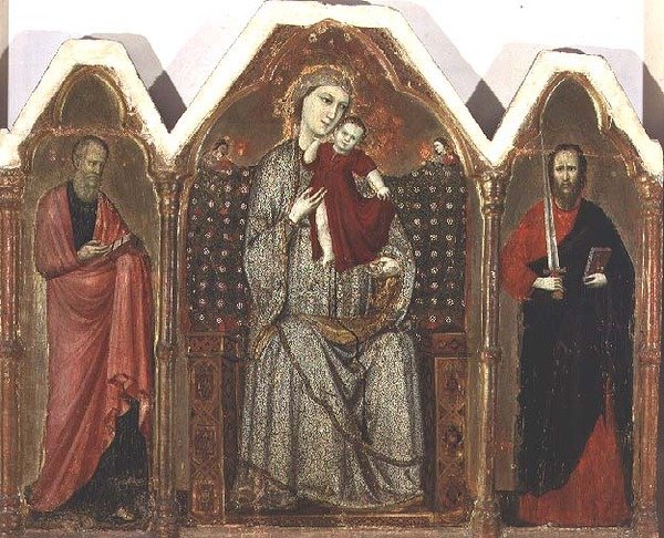 Madonna ja lapsi istuivat SS:n kanssa. Johannes evankelista ja Paavali, Riminese School (triptyykkitaulu) tekijältä Italian School