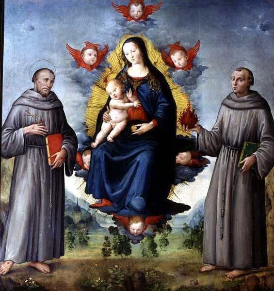 Madonna ja lapsi, tukena SS Francis of Assisi ja Anthony Padova (tempera paneelissa) tekijältä Italian School