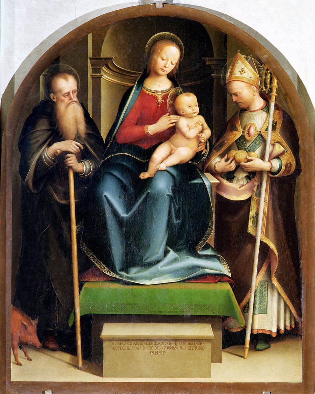 Madonna ja lapsi St. Anthony Abbotin ja St. Nicholas of Barin kanssa, 1520 tekijältä Italian School