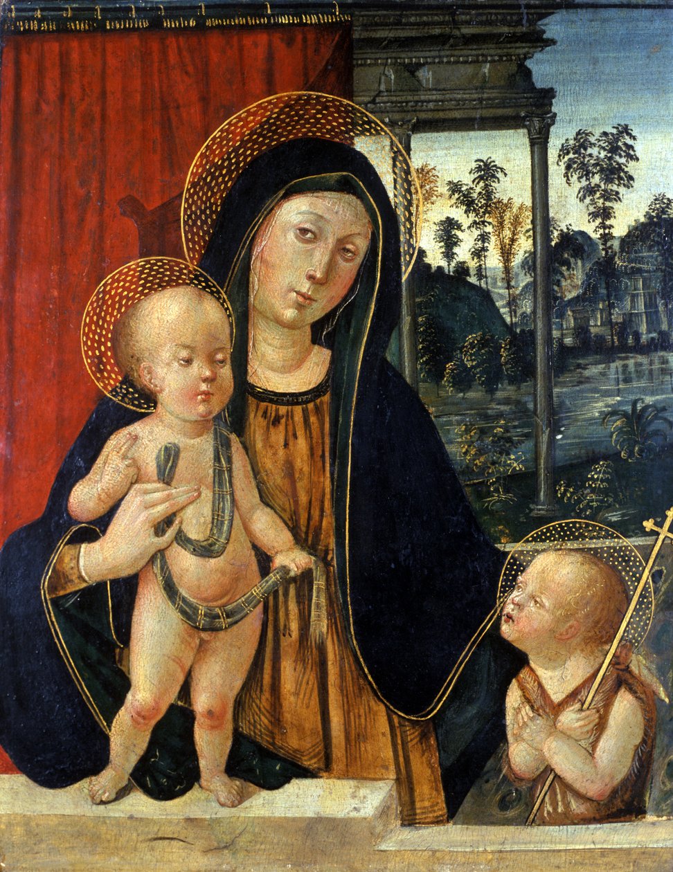Madonna ja lapsi nuoren Johannes Kastajan kanssa, n. 1500 (tempera poppelilla) tekijältä Italian School