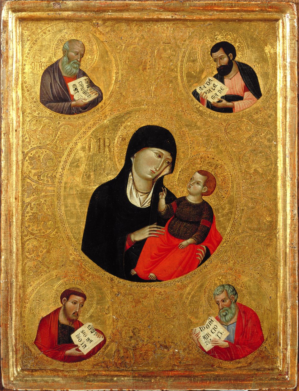 Madonna ja lapsi neljän evankelistan kanssa (tempera ja kultalehti paneelissa) tekijältä Italian School