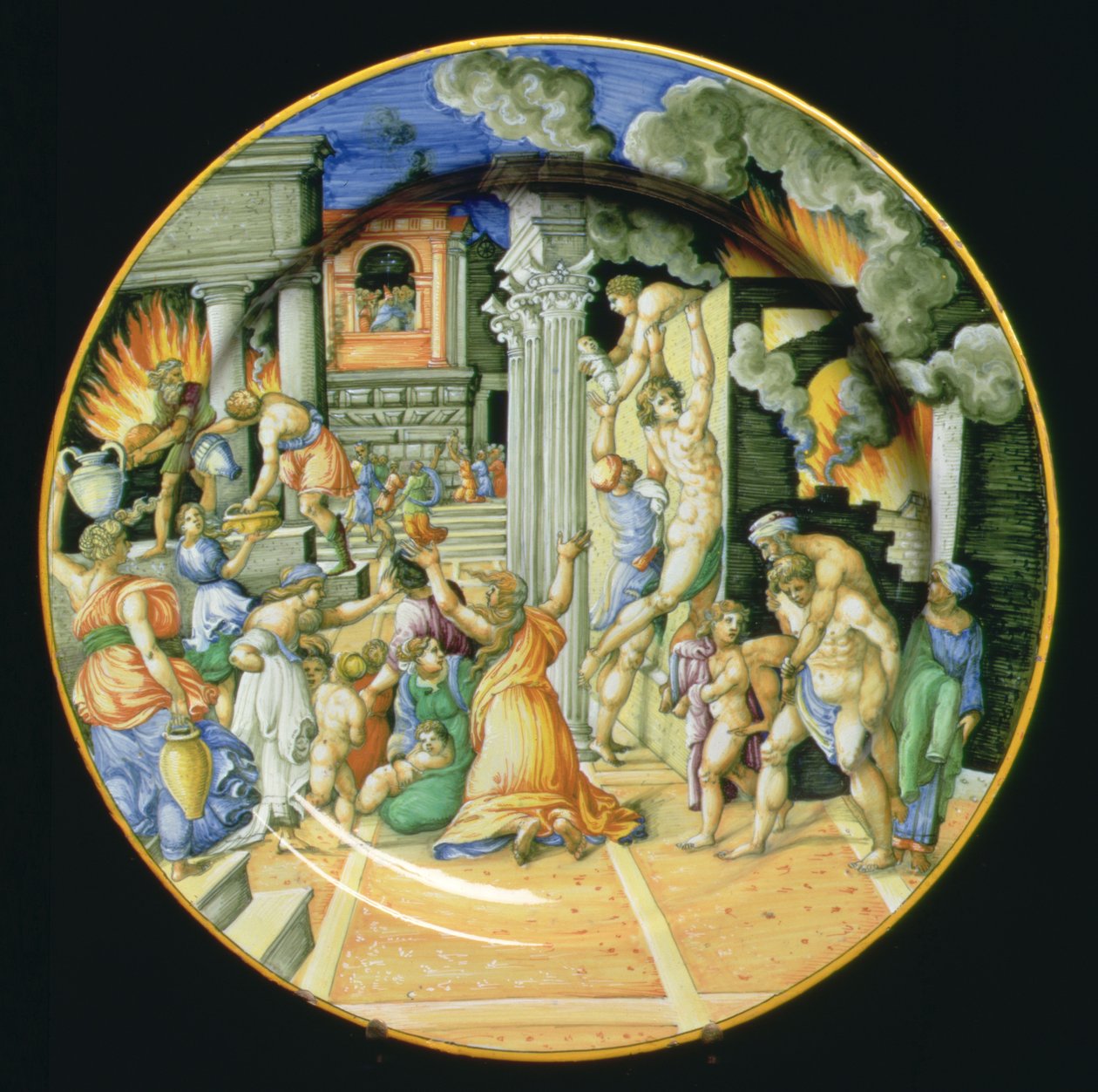 Maiolica-levy, joka kuvaa Troijan polttamista, kun Aeneas kantaa isäänsä Anchisesta selässään poikansa Ascaniuksen kanssa, italia tekijältä Italian School