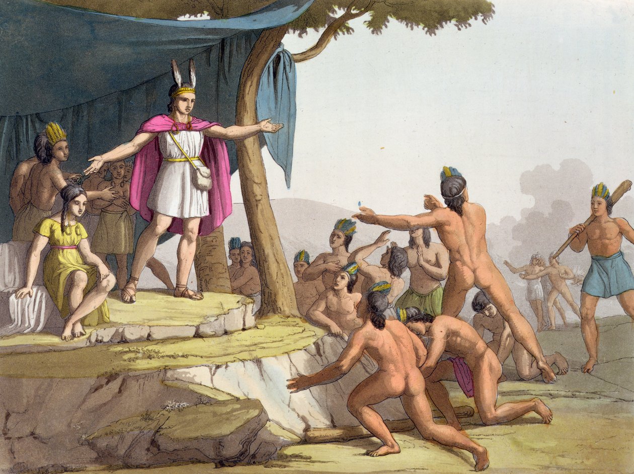 Manco Capac ja kuningatar Mama Ocllo keräävät villit, n. 1820 tekijältä Italian School