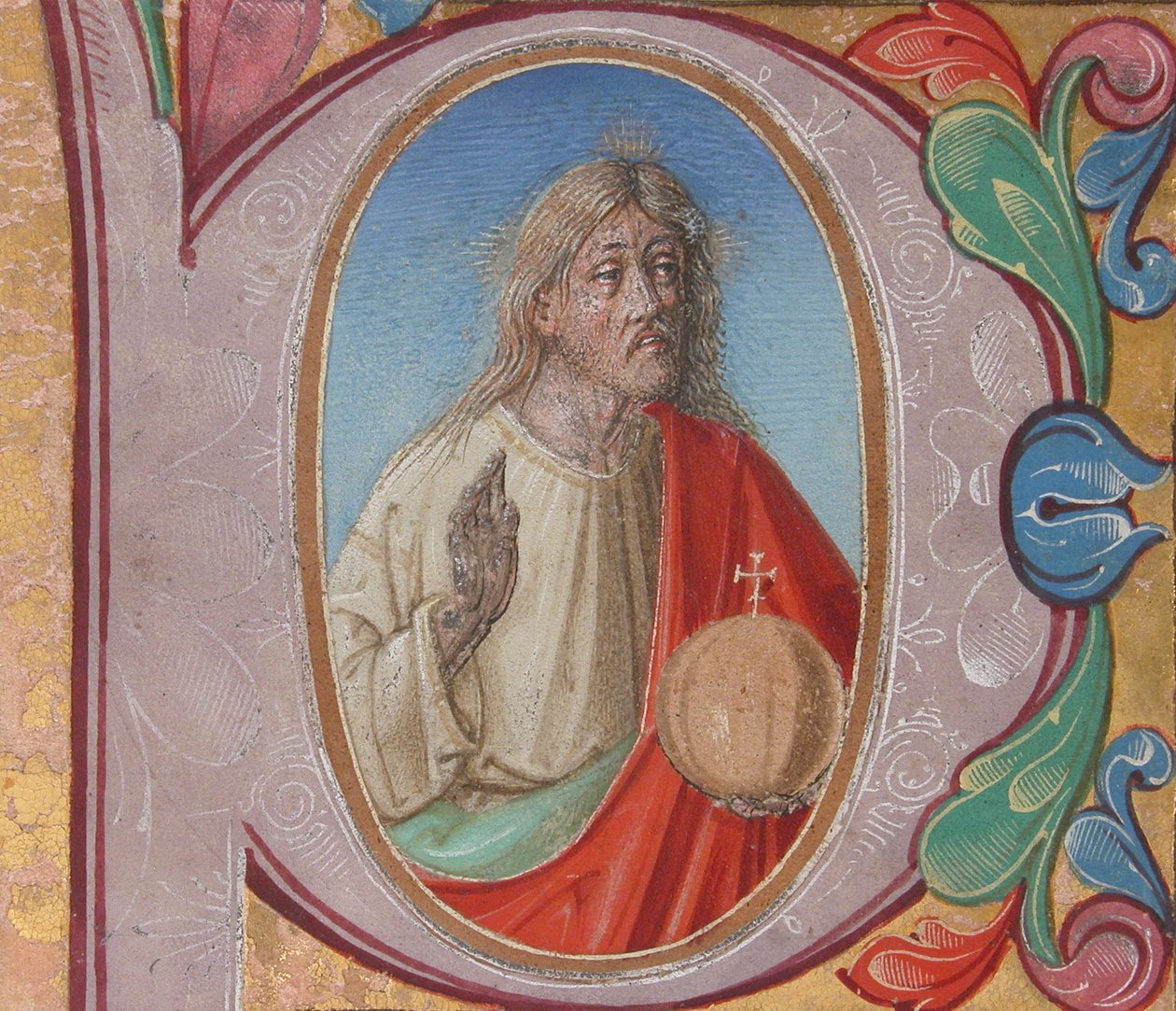 Käsikirjoituksen valaistus Salvator Mundilla P-kirjaimella, kuorokirjasta (Tempera, muste ja kulta pergamentilla) tekijältä Italian School