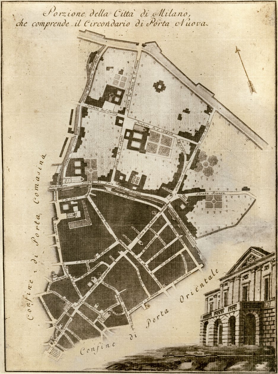 Milanon kartta, Porta Nuova, n.1784 tekijältä Italian School
