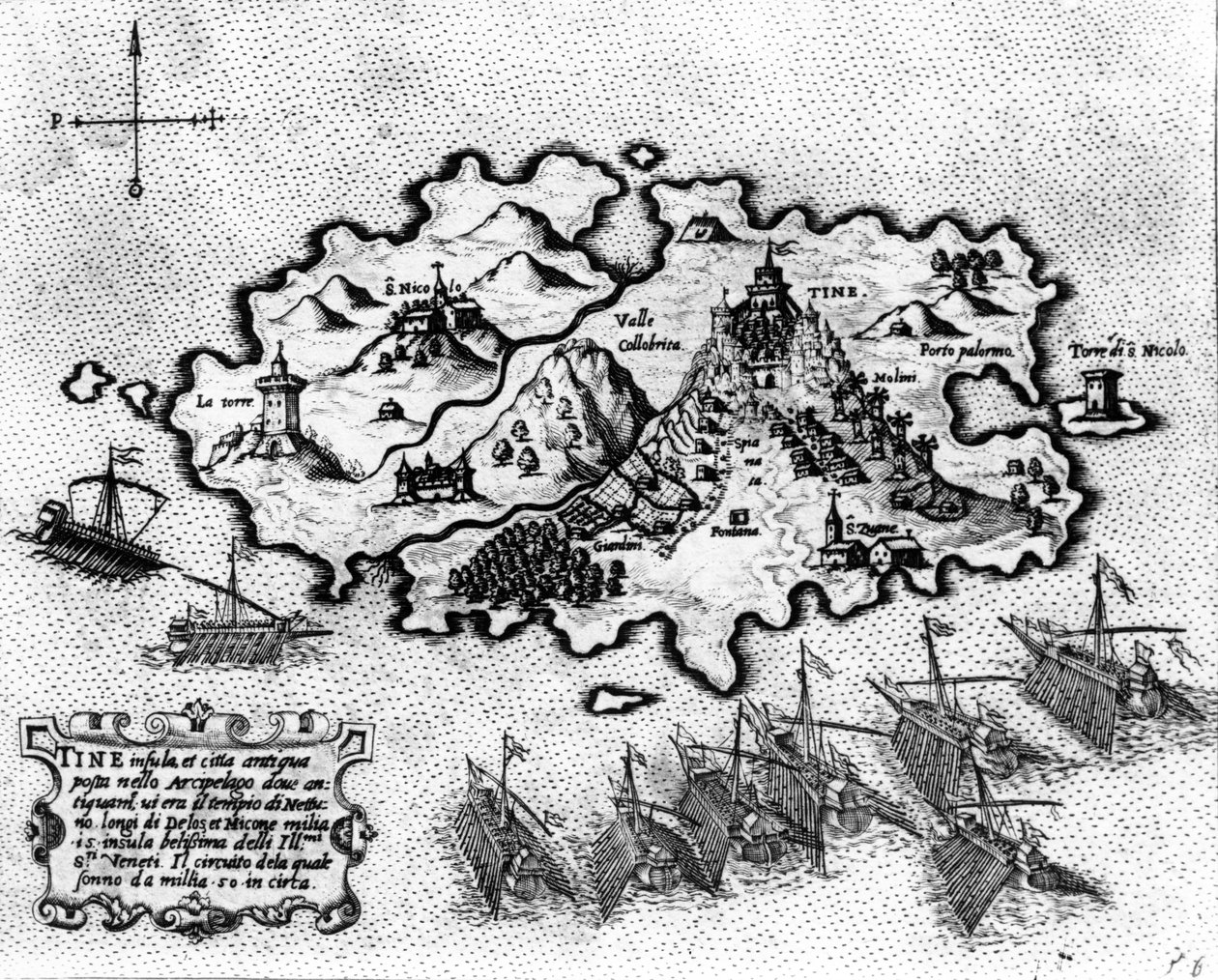 Kartta Tinoksen saaresta venetsialaisella laivastolla, 1600-luku tekijältä Italian School