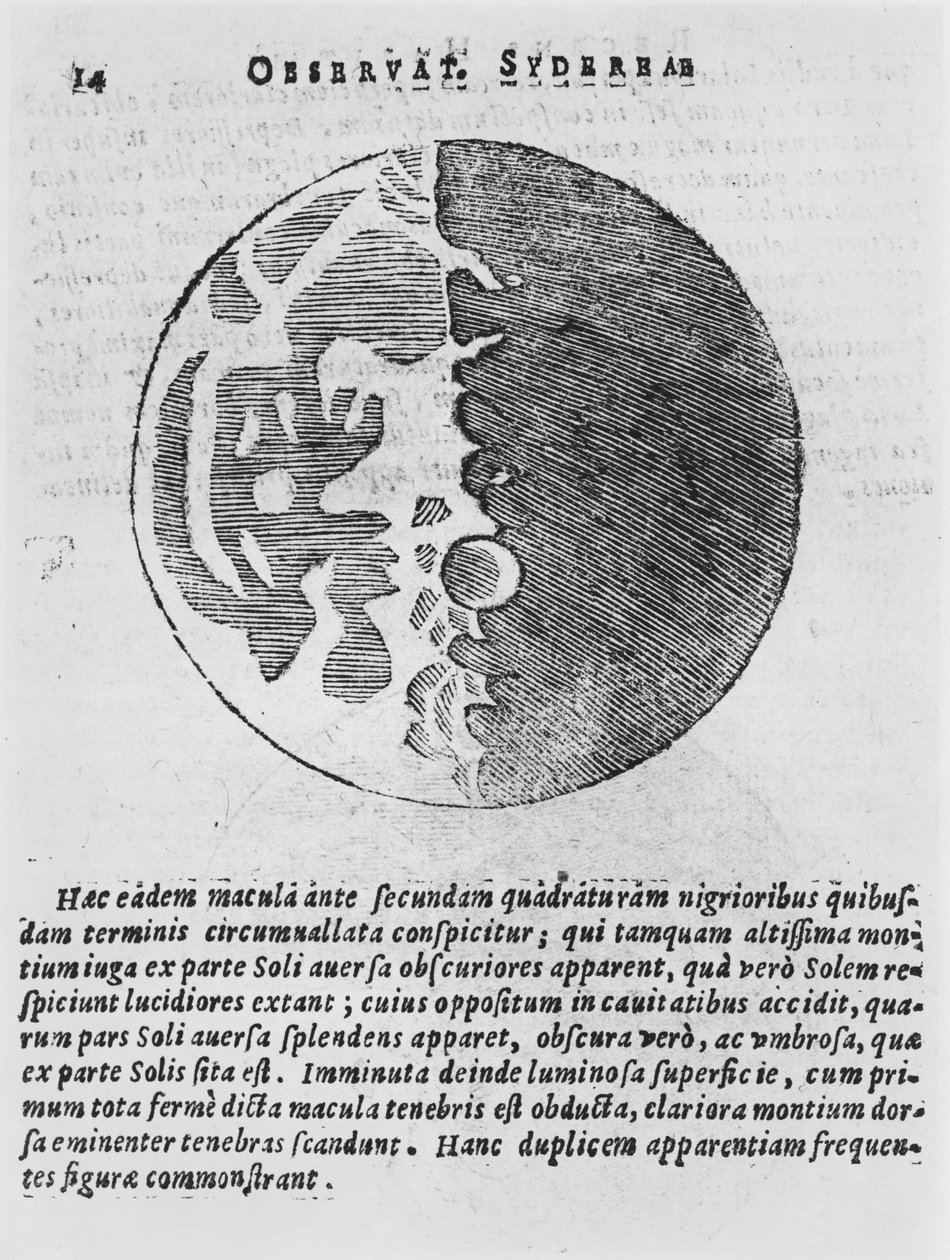 Kuun kartta, kuvitus Sidereus Nuncuksesta, Galileo Galilei, 1610 tekijältä Italian School