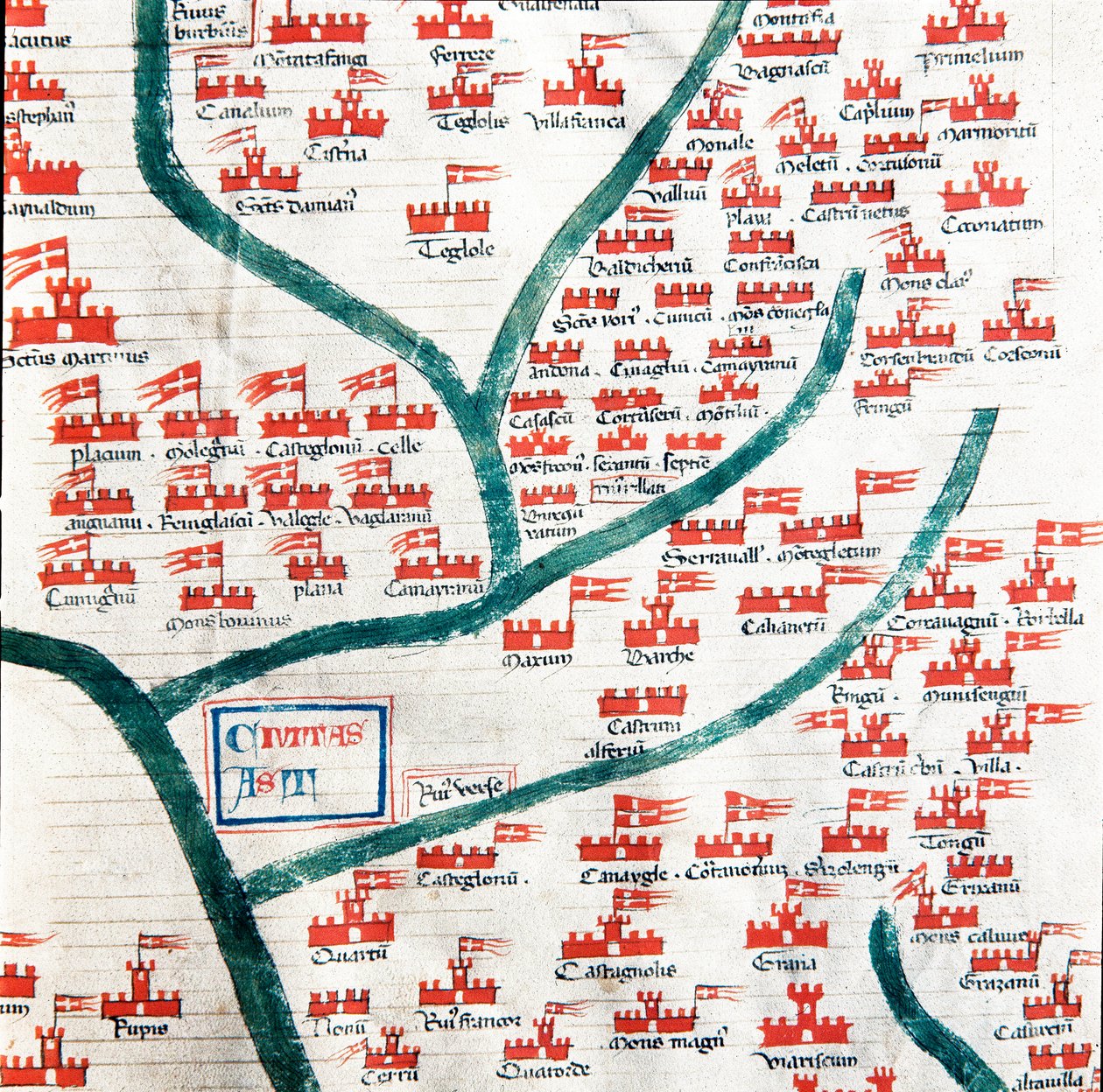Kartta, joka näyttää Astin kaupunkiin 1200-luvulla kuuluneet kunnat. Pienoiskuva "Codex Astensis" (tai Malabayla), kronikoista Astin kaupungista vuosien 1065 ja 1353 välillä. 1300-luku. Säilytä Astin kaupunginjohtajassa tekijältä Italian School