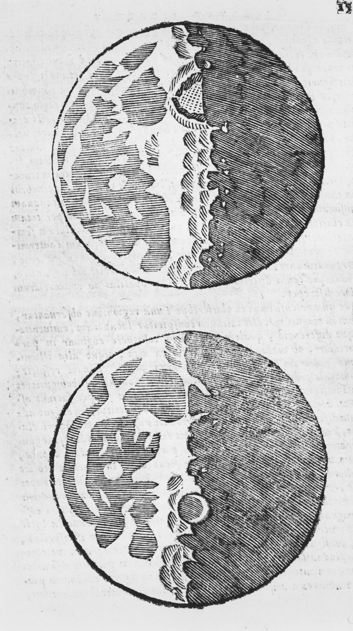 Kuun kartat, kuvitus Sidereus Nuncuksesta, Galileo Galilei, 1610 tekijältä Italian School