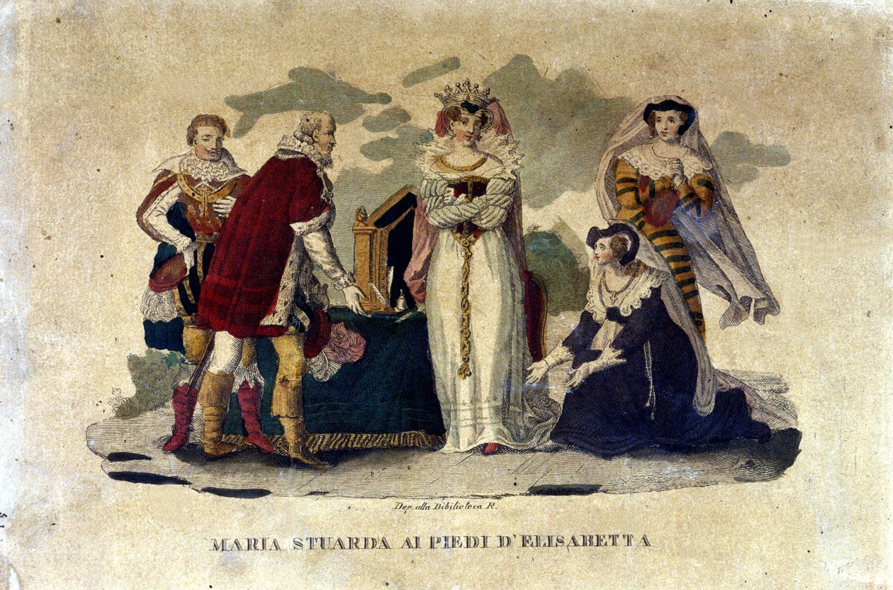 Maria Stuart Elizabeth I:n jaloissa Gaetano Donizettin oopperassa Maria Stuarda, 1810 tekijältä Italian School