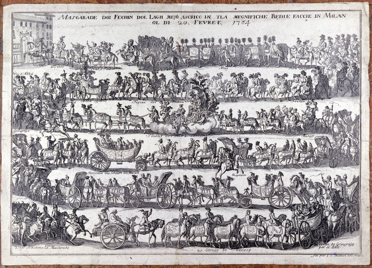 Naamiaiset: kulkue ja ihmisten naamioiden tanssi karnevaalin yhteydessä. Milano 20.2.1764 Kaiverrus 1700-luvulta tekijältä Italian School