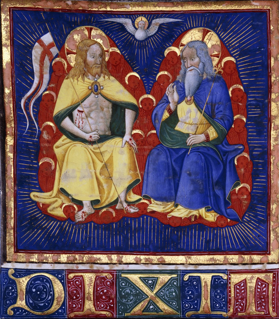 Master of the Vitae Imperatorum: Kolminaisuus, miniatyyri valaistusta kuorokirjasta perunakalvolla, n. 1440 (maalaa ja kiillotettu kulta perunakalvolla) tekijältä Italian School