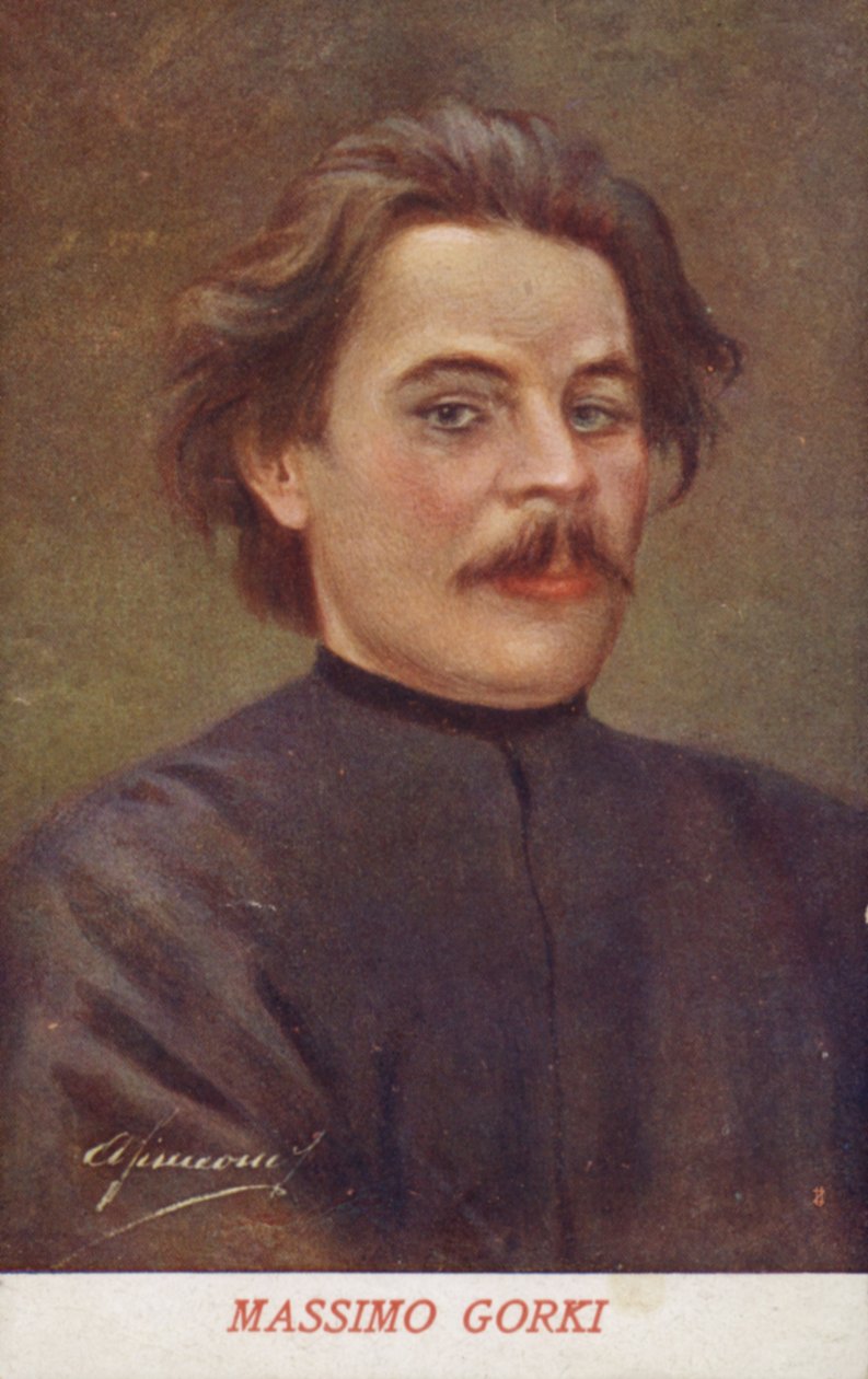 Maxim Gorki (1868-1936), venäläinen kirjailija ja poliittinen aktivisti (värilitografia). tekijältä Italian School