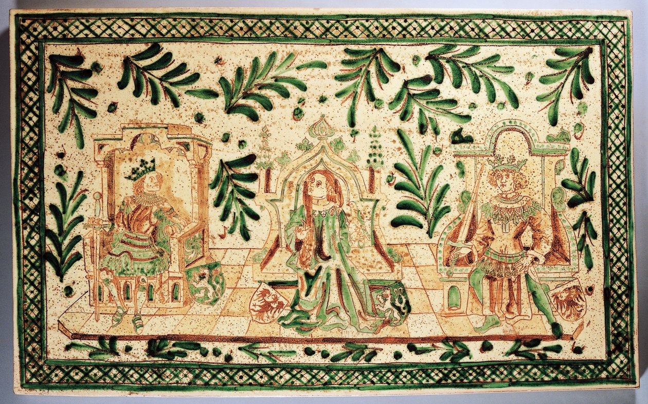 Keskiaikainen koristeellinen laatta, jossa on kuvattu Hautevillen Constance, Sisilian Roger ja Hohenstaufenin Fredrik II, Alessin valmistus, Caltagirone, Sisilia, Italia (keramiikka). tekijältä Italian School