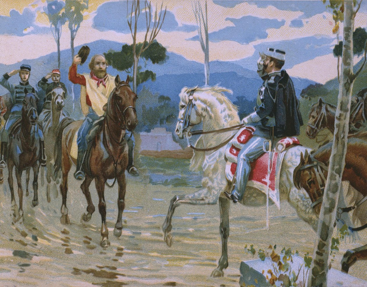 Giuseppe Garibaldin ja kuningas Viktor Emmanuel II:n (1820-78) tapaaminen 26. lokakuuta 1860 Teanossa, kuva Risorgimenton historiaa käsittelevästä albumista, joka on tehty suklaa Talmonelle, la tekijältä Italian School