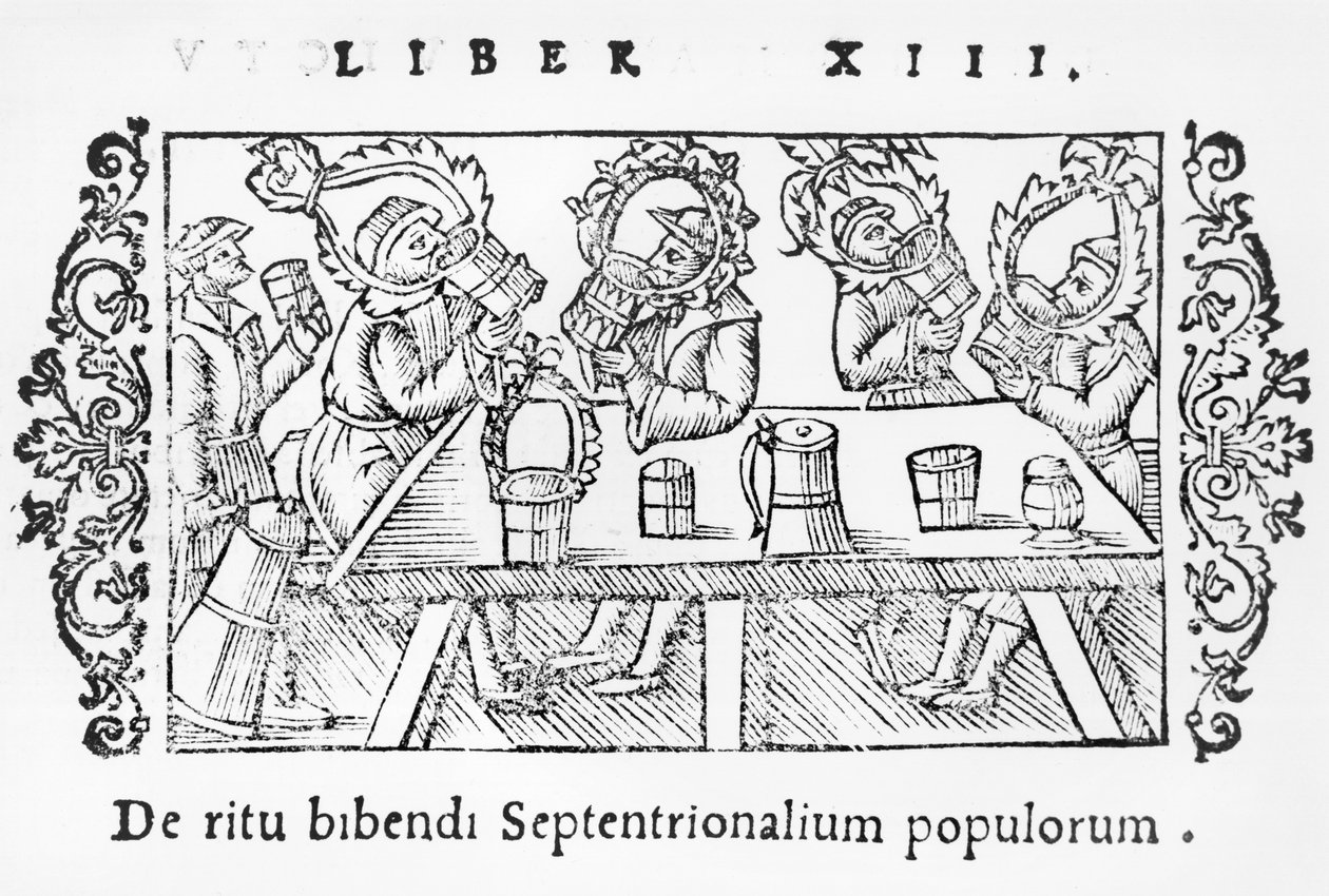 Miehet juovat, kuvitus Olaus Magnuksen (1490-1558) teoksesta Northern Nations History, julkaistu Roomassa, 1555 tekijältä Italian School