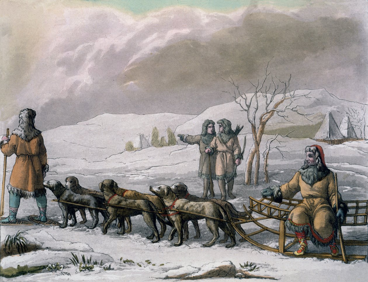 Kamtšatskan miehet, koirareki, Giulio Ferrarion Costumi dei..., n. 1820-30-luvut tekijältä Italian School