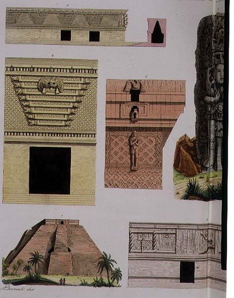 Meksikon antiikki, arkkitehtonisia yksityiskohtia "Kansakuntien historian" (akvatinta) levystä 48 (katso myös 94498) tekijältä Italian School