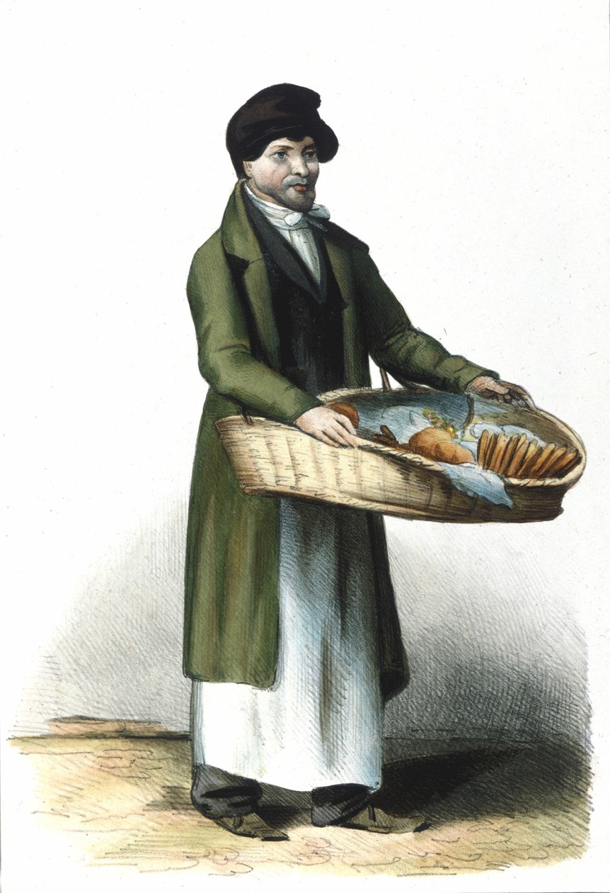 Milanese Metier: keksien ja kakkujen myyjä. 1830 Locarnon kaiverrus. tekijältä Italian School