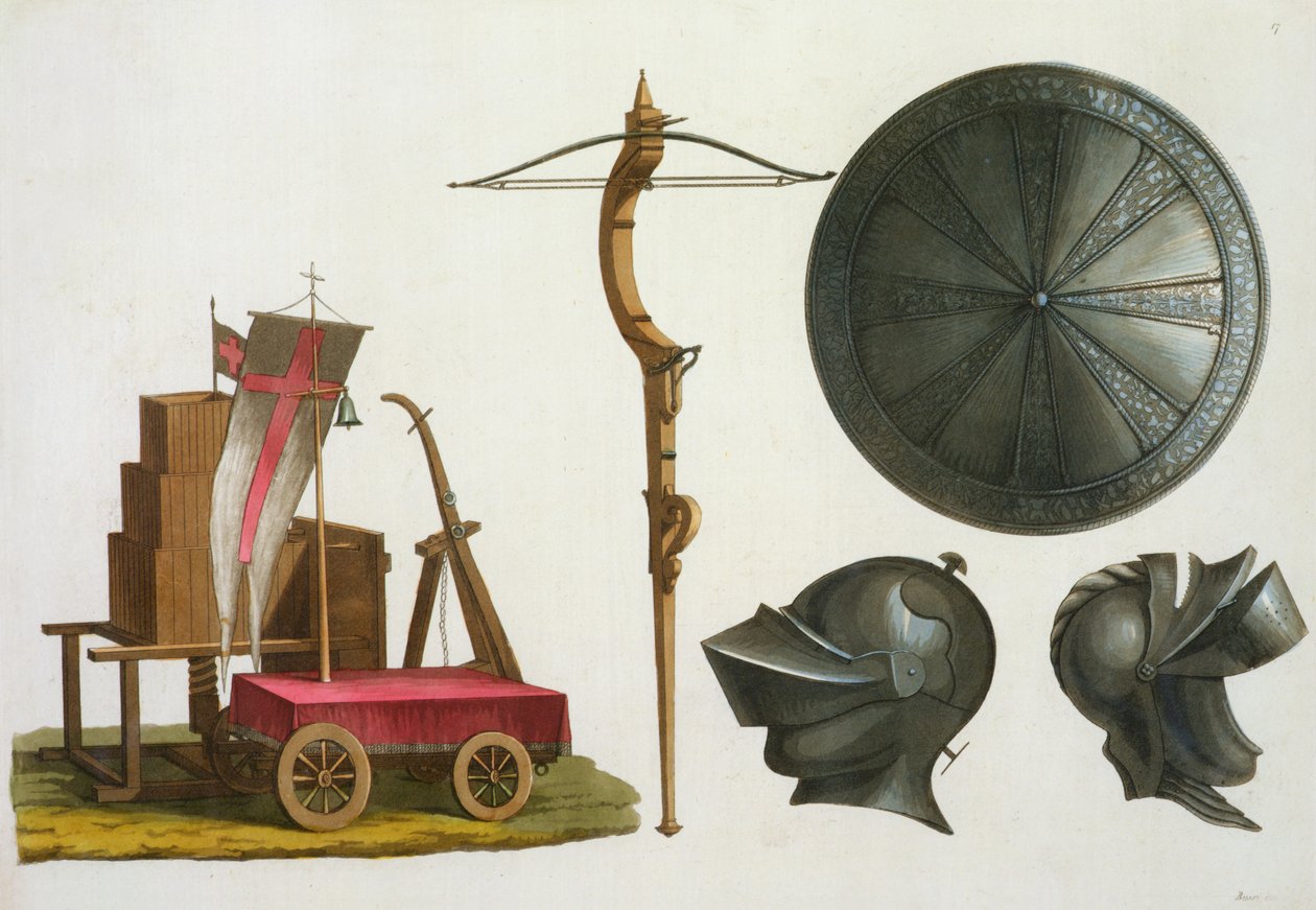Milanolaiset vaunut, varsijousi ja panssari, Jules Ferrarion Le Costume Ancien et Modernen levy 17, julkaistu 1820-30-luvulla tekijältä Italian School