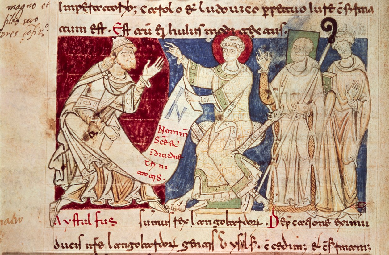 Miniatyyri Chronicon Vulturnensestä, valaistu koodeksi, jonka on säveltänyt munkki Iohannes, n. 1130, Italia tekijältä Italian School
