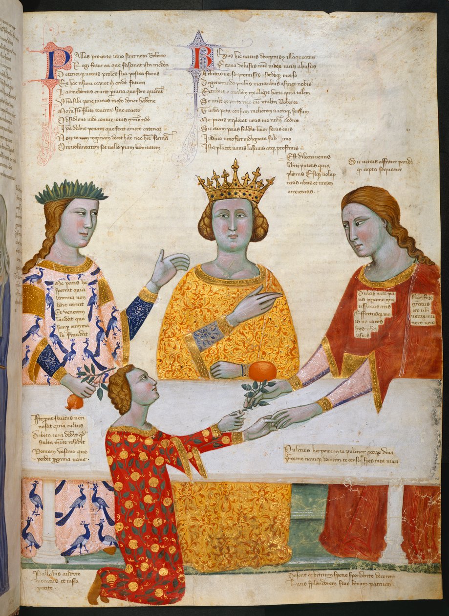 Pienoiskuva Pariisin tuomiosta, jossa Pallas Athena, Juno ja Venus istuvat pöydän ääressä ja Paris antaa oliivipuun oksan Venukselle, esimerkki kohdasta "Puhe jakeessa Robert of Anjoulle, Napolin kuninkaalle Praton kaupungista Toscanassa (