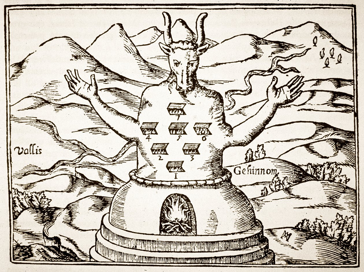 Moloch, kopio Athanasius Kirchnerin piirroksesta Oidipus Aegyptiacuksesta, Rooma 1652, käytetty Taikuuden historiassa, julkaistu 1800-luvun lopulla tekijältä Italian School