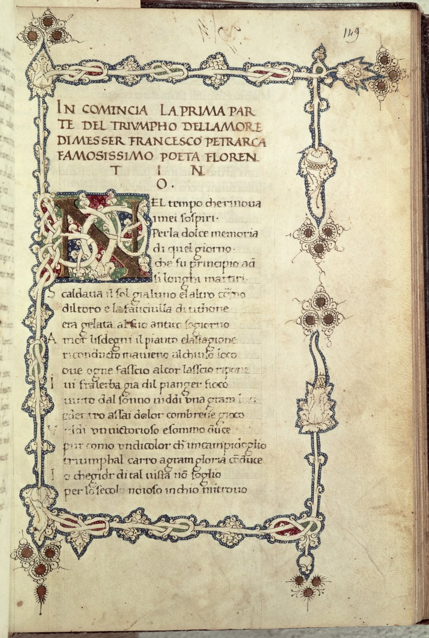 Ms.392 fol.149 The Triumph of Love, Petrarchin (1304-73) teoksesta "Sonetti, Canzoni e Triomphi" 1470 (vellum) tekijältä Italian School
