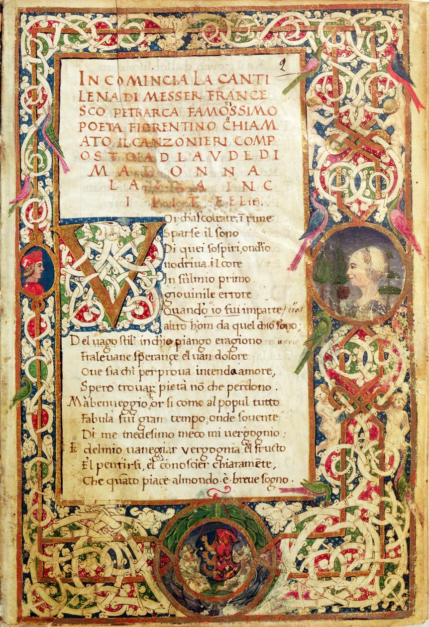 Ms.392 fol.1 Lauren ylistyslaulu Petrarchin kappaleesta "Sonetti, Canzoni e Triomphi" tekijältä Italian School