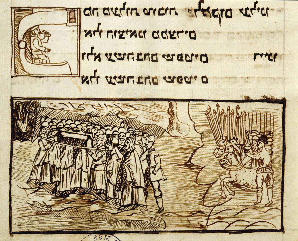 Ms.C.A.2795 Juutalaiset ylittämässä Punaisen meren Pyhän arkin kanssa, jota seurasivat egyptiläiset, tarinasta Juutalainen kansa tekijältä Italian School