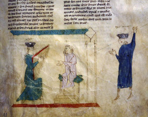 Ms.EST.59 fol.98r Kuningas Faramontin tytär yrittää vietellä Tristanin elokuvasta The Story of Tristan tekijältä Italian School