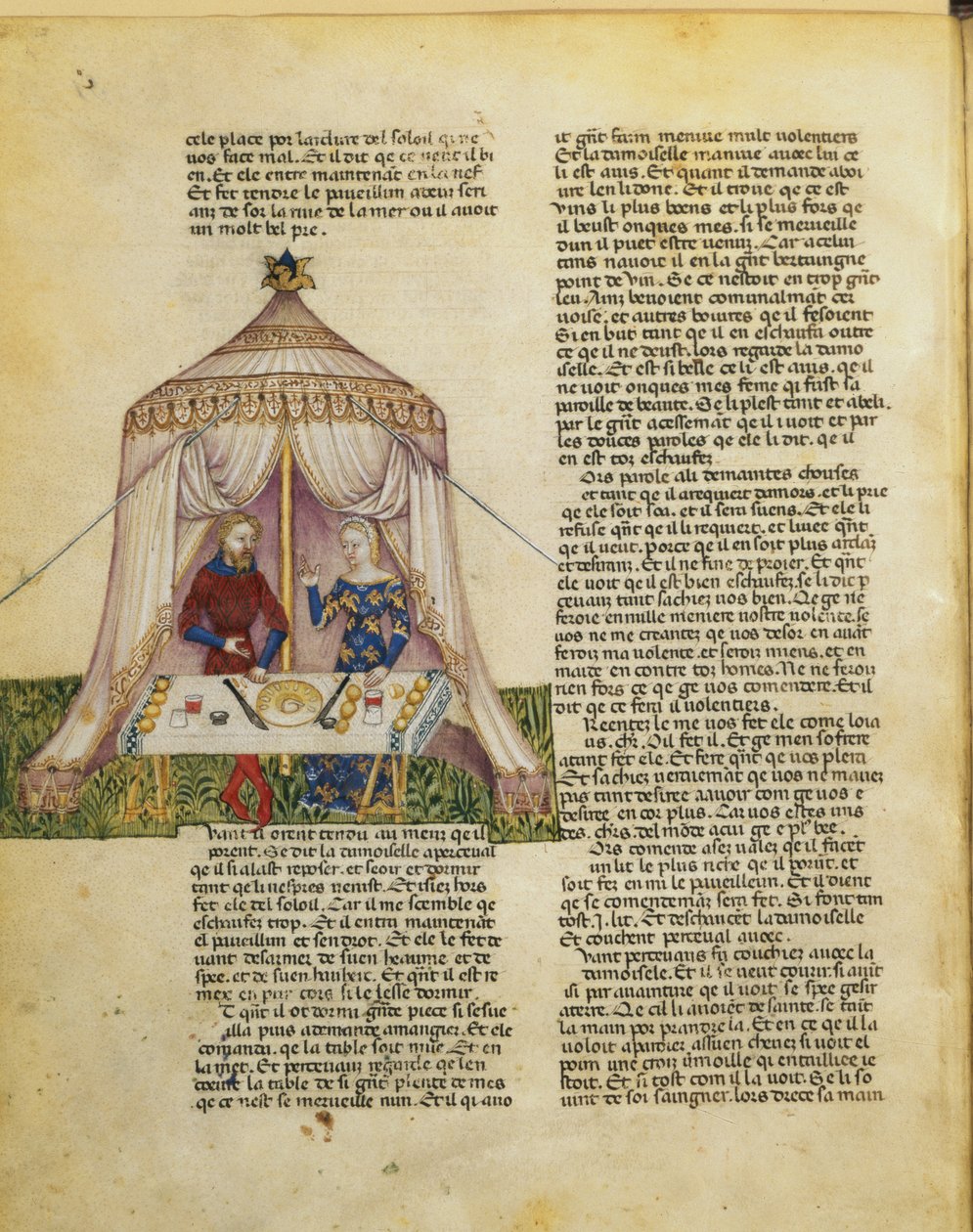Ms.Fr 343 f.31v Sir Percival on houkutellut neito, joka järjestää hänelle pidot ennen viettelyä Queste del Saint Graalista, n. 1380-85 tekijältä Italian School