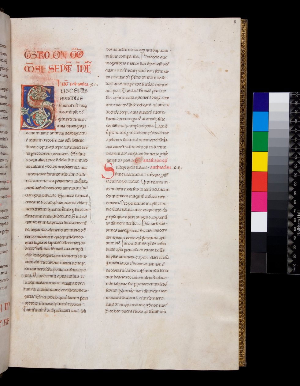 Ms 143. Gregorius Suuri, Registrum Epistolarum, f.8r. Koristeltu nimikirjain [S] valkoisella viiniköynnöksellä ja loppupäällä tekijältä Italian School