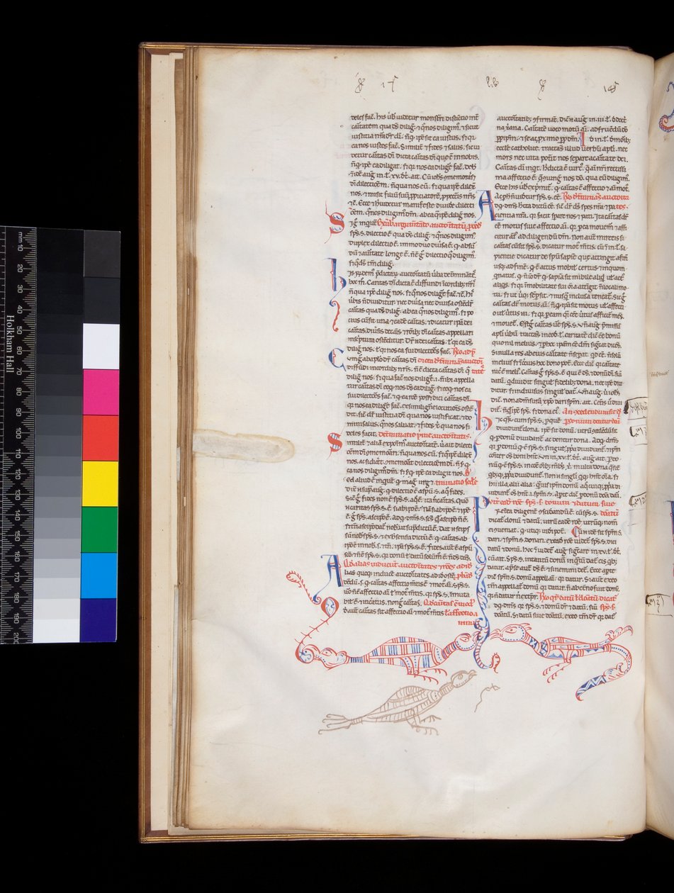 Ms 164. Peter Lombar, Sententiae, f.15v. bas-de-page kynätyökoristelu kehittyi linnun/lohikäärmeen hybrideiksi tekijältä Italian School